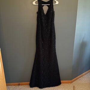 Morille by Madeline Gardner Elegant sequence lace detailed Black Evening Gown.